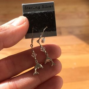 Sterling silver dangling dolphin earrings